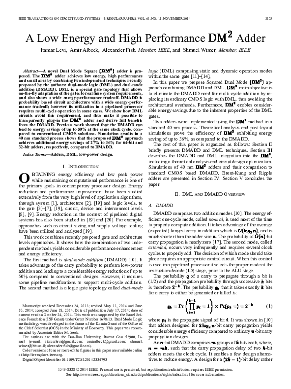 (PDF) A Low Energy and High Performance ${\rm DM}^{2}$ Adder - Low Energy High Performance