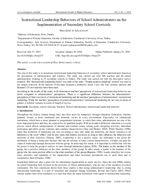 (PDF) İnstructional Leadership Behaviors of School Administrators on ...