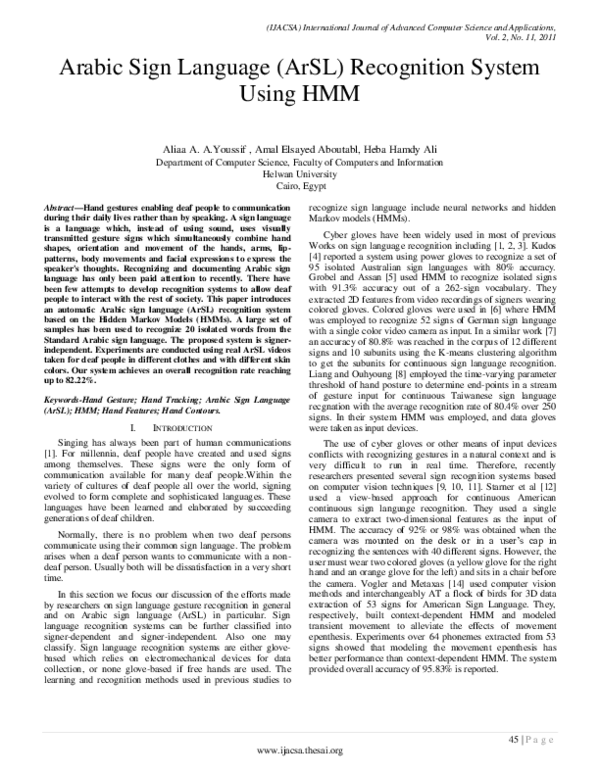(PDF) Arabic Sign Language (ArSL) Recognition System Using HMM
