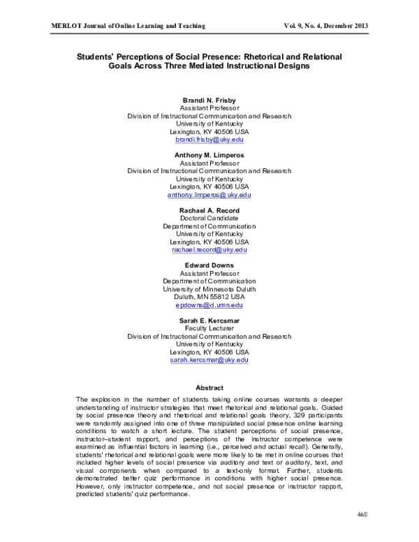 (PDF) Students' Perceptions of Social Presence: Rhetorical and ...