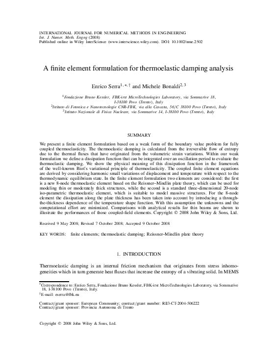(PDF) A finite element formulation for thermoelastic damping analysis
