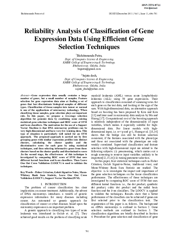 (PDF) Reliability analysis of Classification of Gene Expression Data