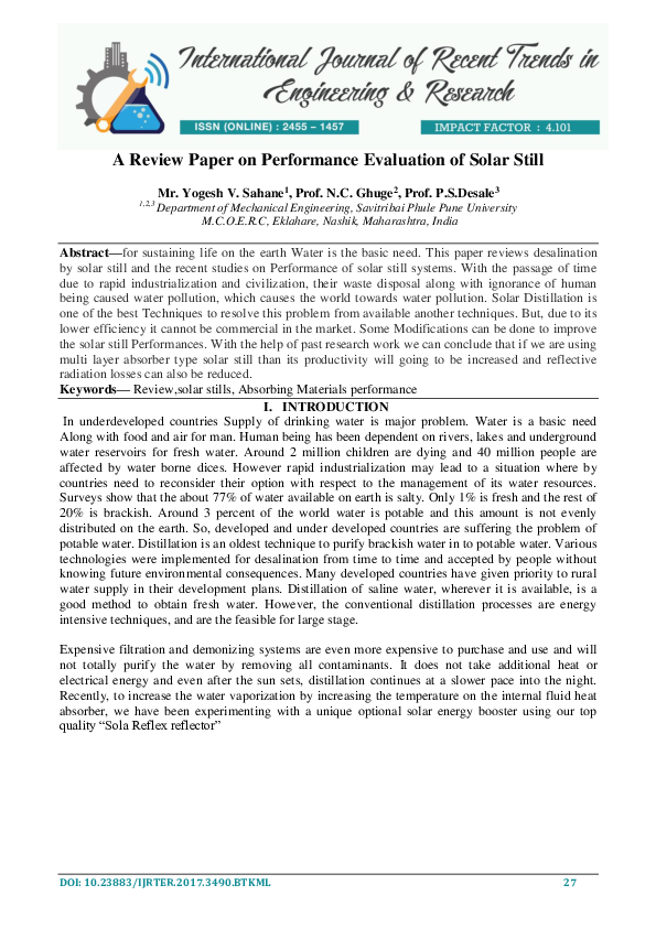 (PDF) A Review Paper on Performance Evaluation of Solar Still