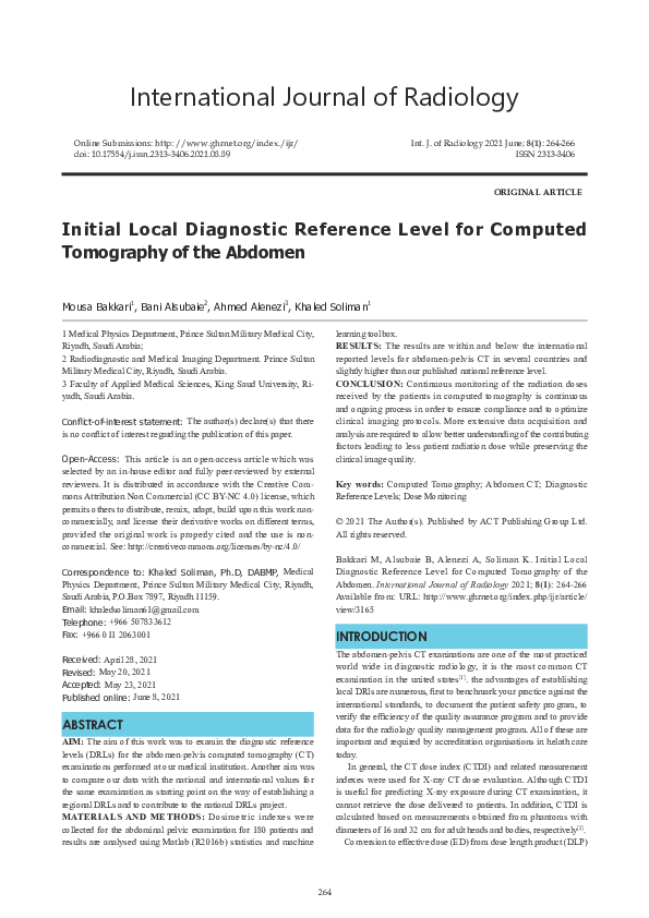 (PDF) Initial Local Diagnostic Reference Level for Computed Tomography ...