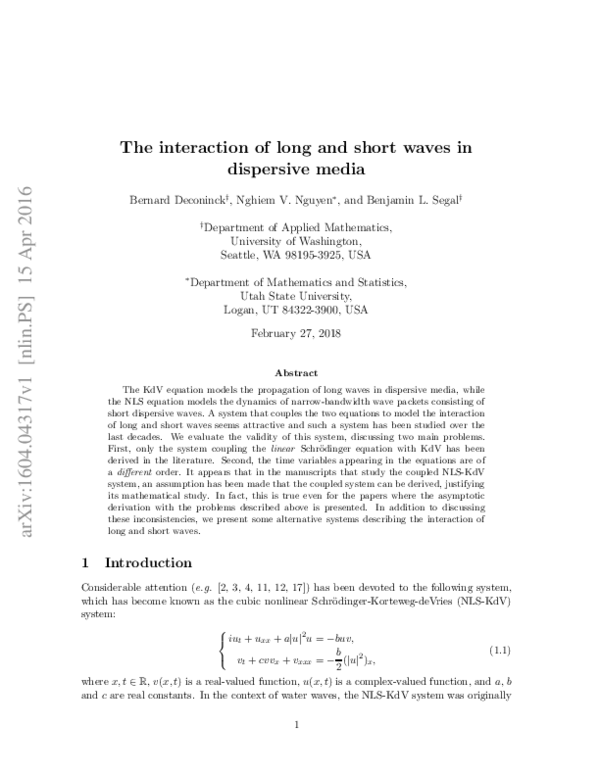 (PDF) The interaction of long and short waves in dispersive media