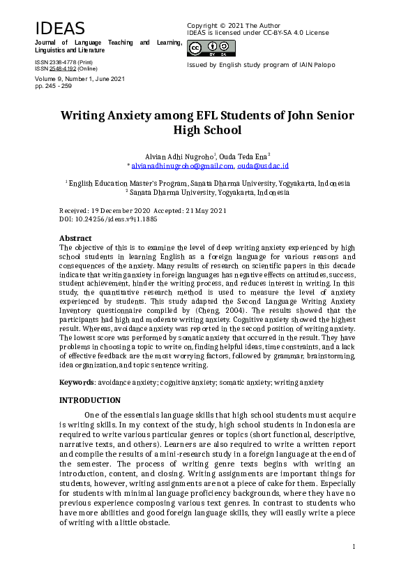 (PDF) Writing Anxiety among EFL Students of John Senior High School