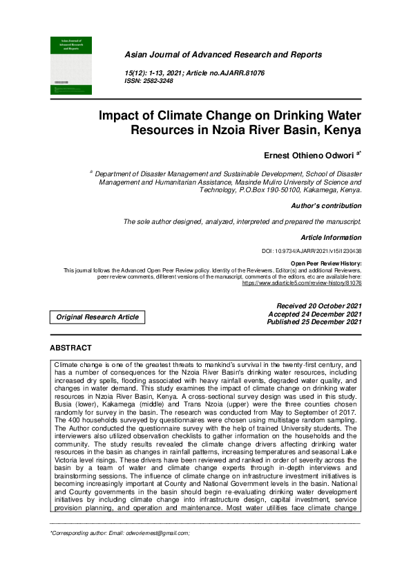 (PDF) Impact of Climate Change on Drinking Water Resources in Nzoia ...