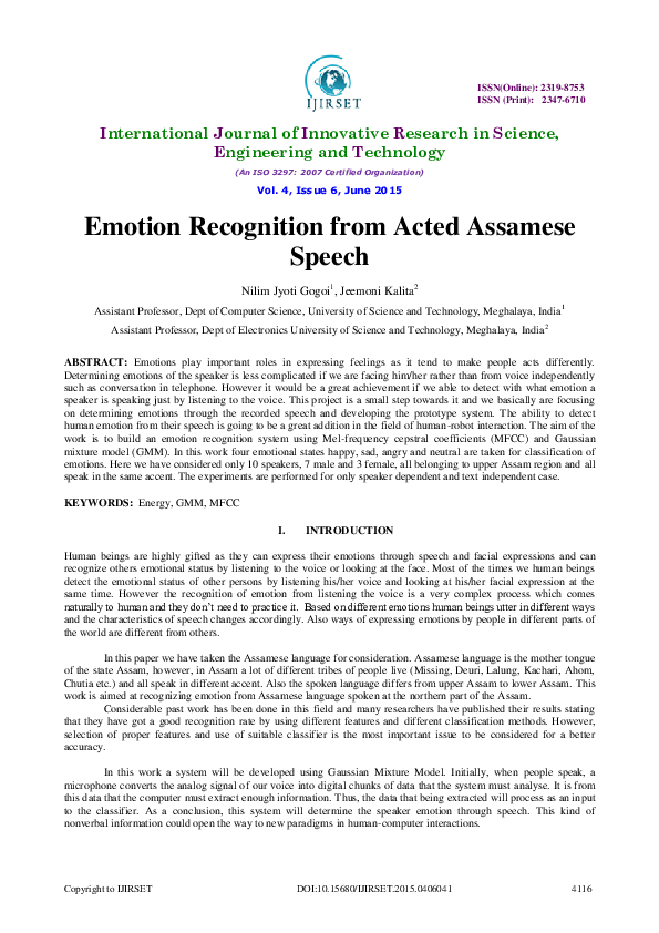 (PDF) Emotion Recognition from Acted Assamese Speech | Jeemoni Kalita ...