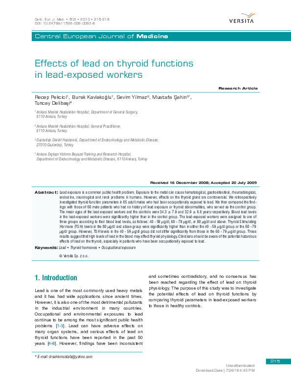(PDF) Effects of lead on thyroid functions in lead-exposed workers