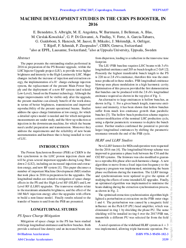 (PDF) Machine Development Studies in the CERN PS Booster, in 2016