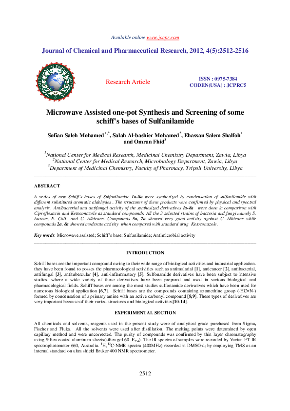 (PDF) Microwave Assisted one-pot Synthesis and Screening of some schiff ...