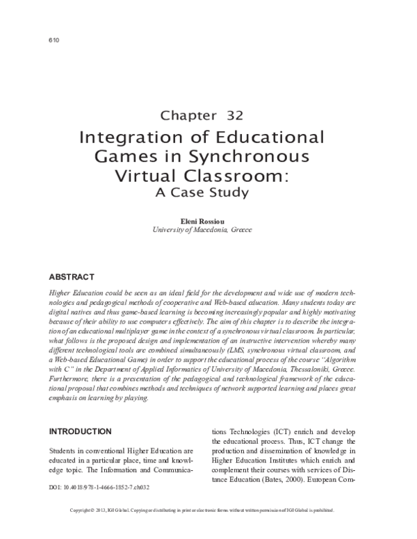 (PDF) Integration of Educational Games in Synchronous Virtual Classroom