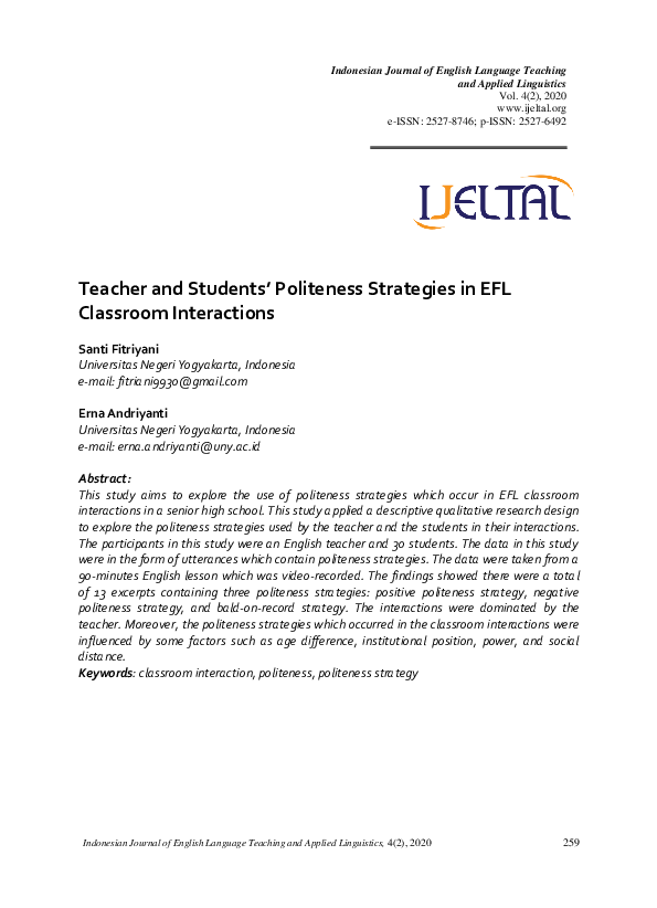 (PDF) Teacher and Students’ Politeness Strategies in EFL Classroom ...