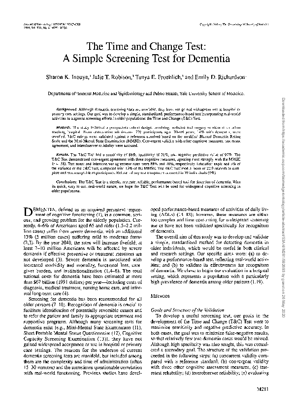 (PDF) The Time and Change Test: A Simple Screening Test for Dementia
