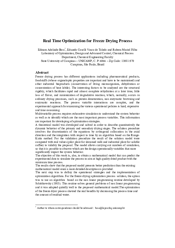 (PDF) Real Time Optimization for Freeze Drying Process