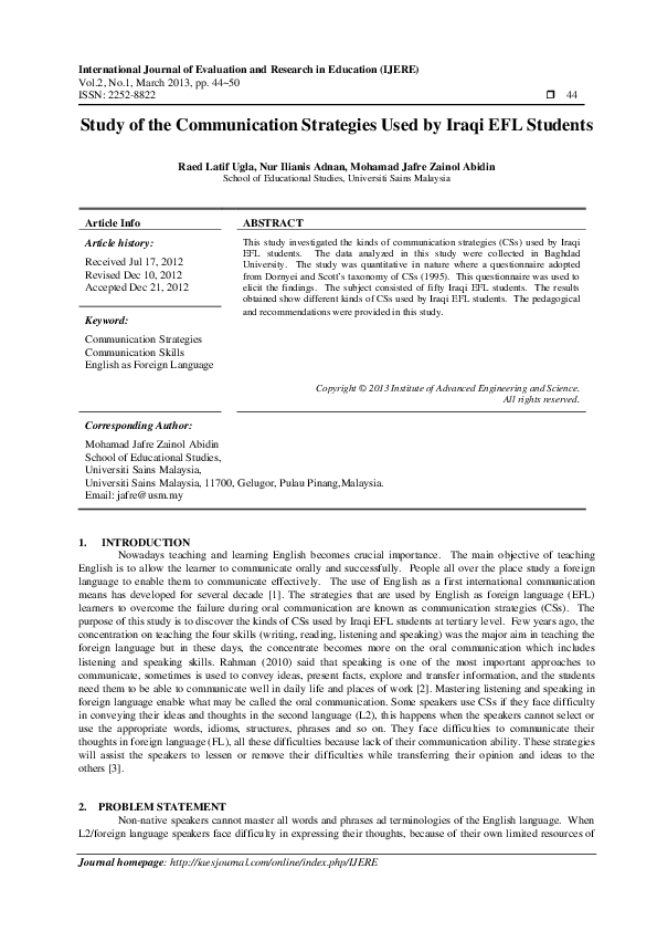 (PDF) Study of the Communication Strategies Used By Iraqi EFL Students ...