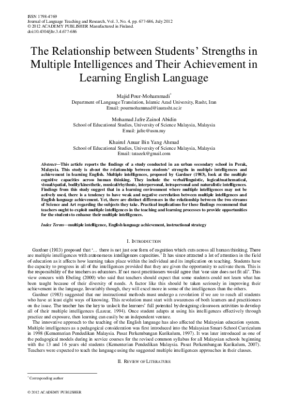 (PDF) © 2012 ACADEMY PUBLISHER The Relationship between Students ...