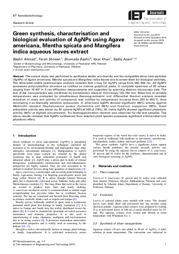 (PDF) Green Synthesis Characterisation and Biological Evaluation of ...