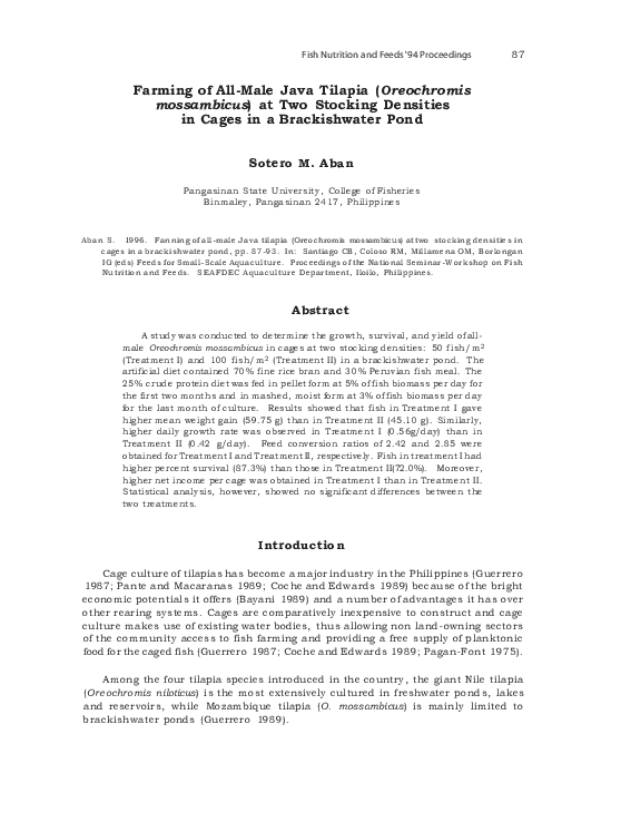 (PDF) Farming of all-male java tilapia (Oreochromis mossambicus) at two ...