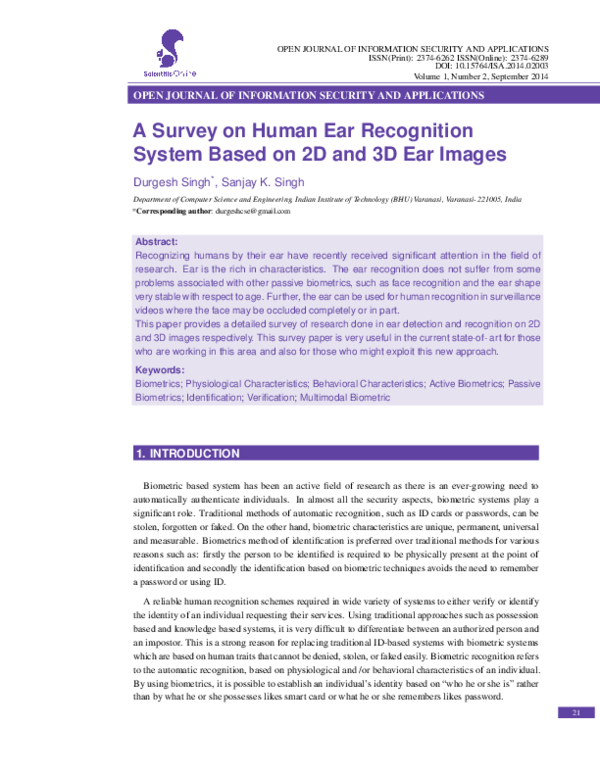 (PDF) A Survey on Human Ear Recognition System Based on 2D and 3D Ear ...