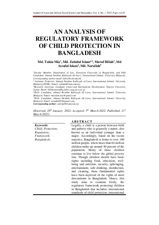 (PDF) AN ANALYSIS OF REGULATORY FRAMEWORK OF CHILD PROTECTION IN BANGLADESH