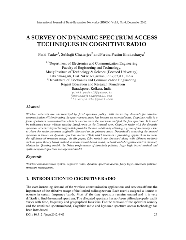 (PDF) A Survey on Dynamic Spectrum Access Techniques in Cognitive Radio