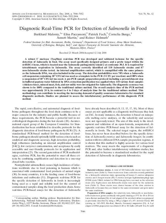 (PDF) Diagnostic Real-Time PCR for Detection of Salmonella in Food