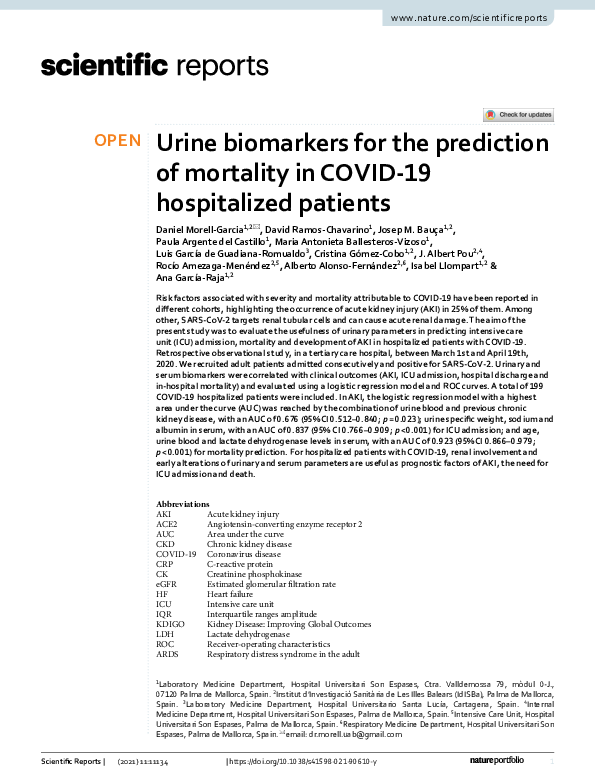 (PDF) Urine biomarkers for the prediction of mortality in COVID-19 ...
