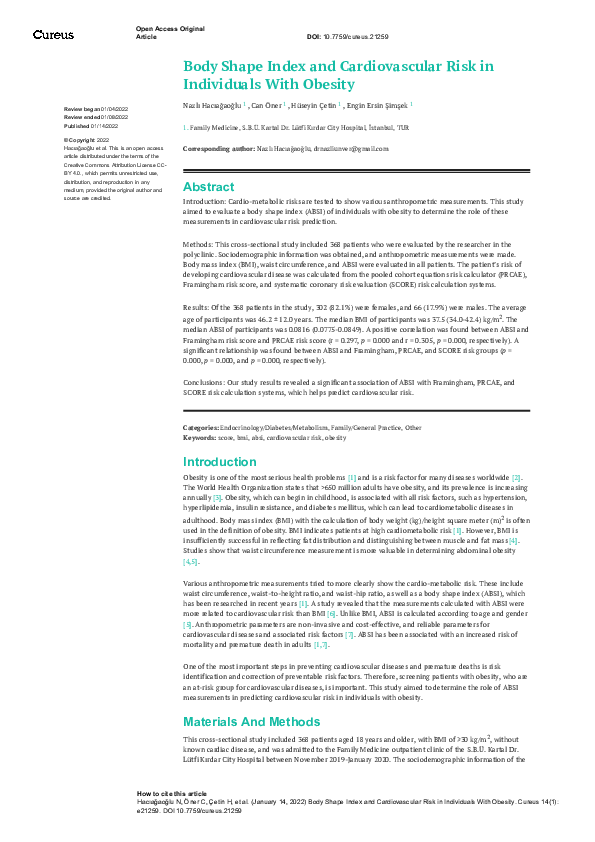 (PDF) Body Shape Index and Cardiovascular Risk in Individuals With Obesity