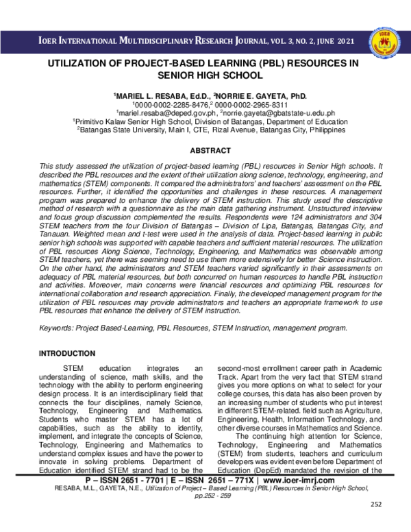 (PDF) Utilization of Project-Based Learning (PBL) Resources in Senior ...