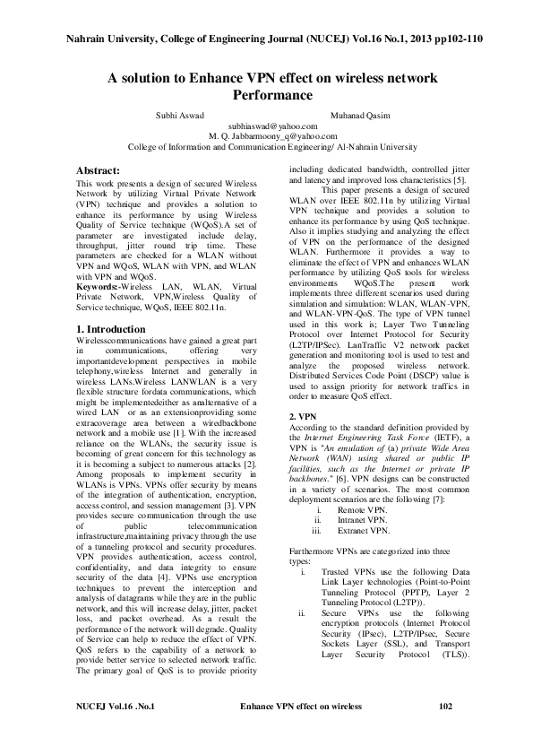 (PDF) A solution to Enhance VPN effect on wireless network Performance