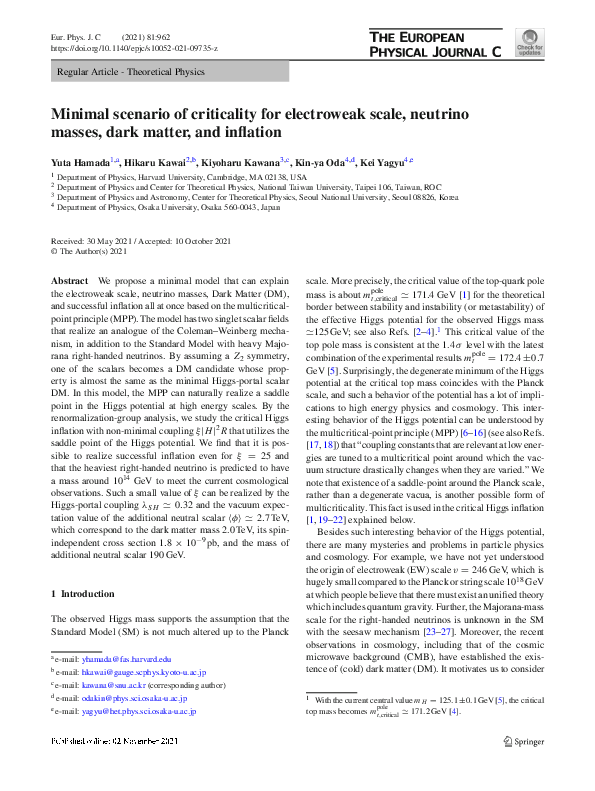 (PDF) Minimal scenario of criticality for electroweak scale, neutrino ...