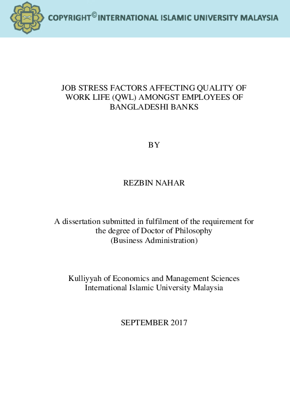  PDF Job Stress Factors Affecting Quality Of Work Life QWL Amongst 