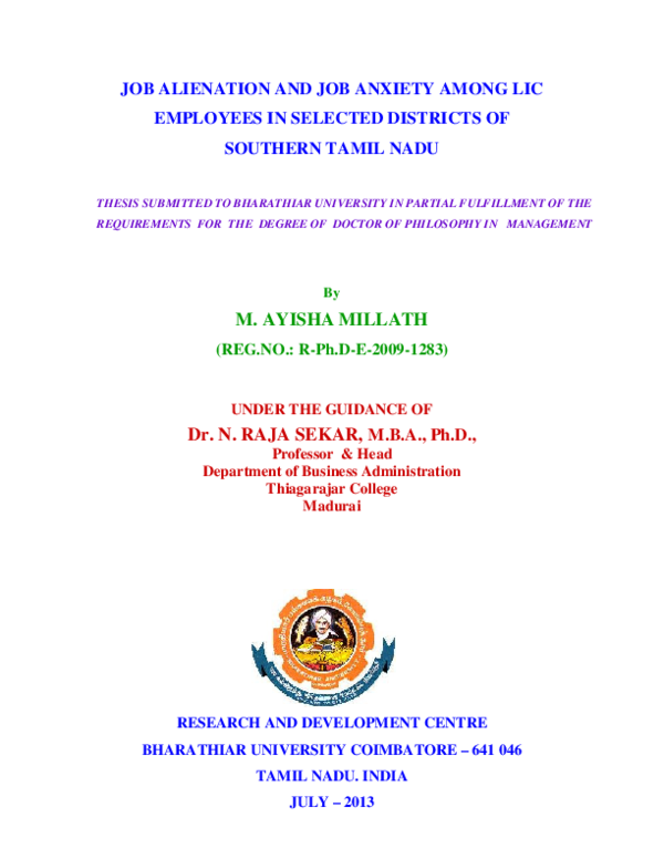 (PDF) Job Alienation And Job Anxiety Among Lic Employees In Selected ...