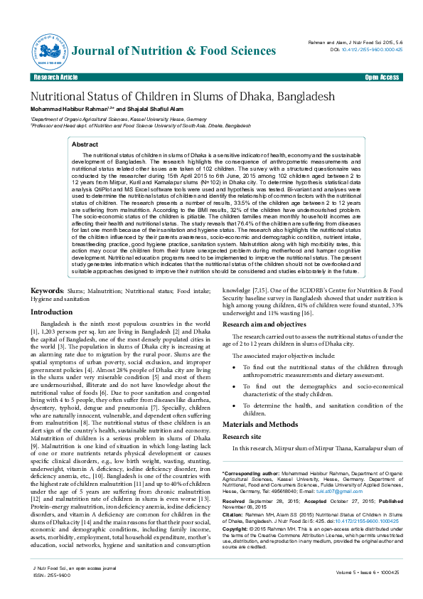 (PDF) Nutritional Status of Children in Slums of Dhaka, Bangladesh