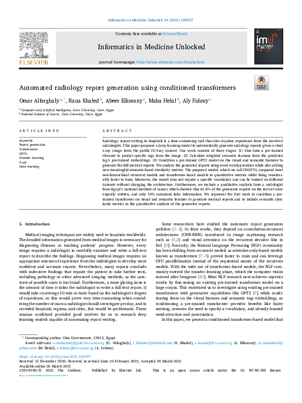 (PDF) Automated radiology report generation using conditioned transformers