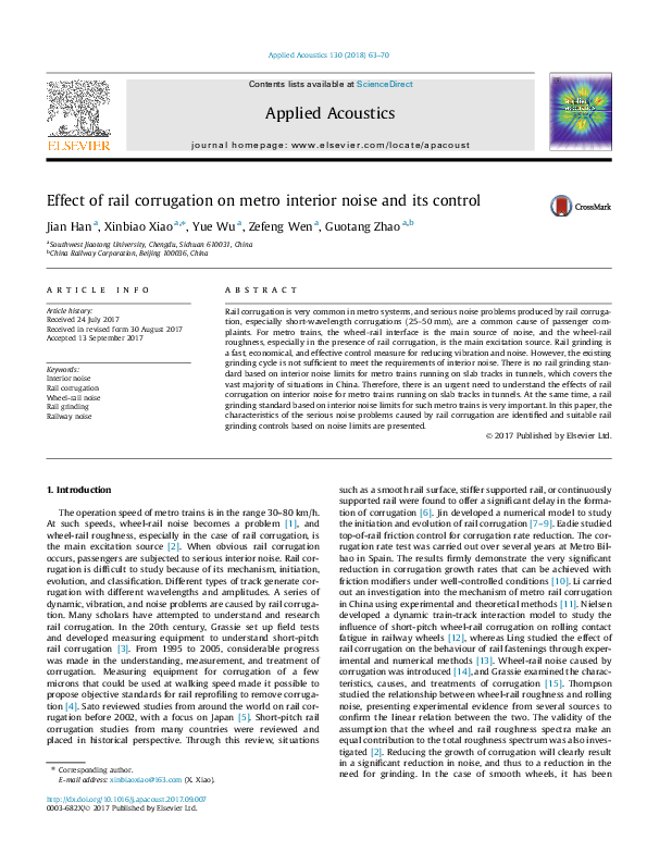 (PDF) Effect of rail corrugation on metro interior noise and its control