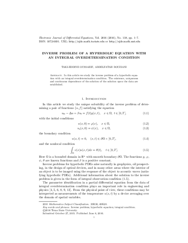(PDF) Inverse Problem of a Hyperbolic Equation with an Integral ...
