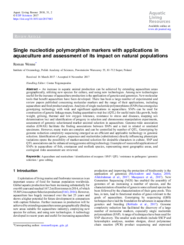 (PDF) Single nucleotide polymorphism markers with applications in ...