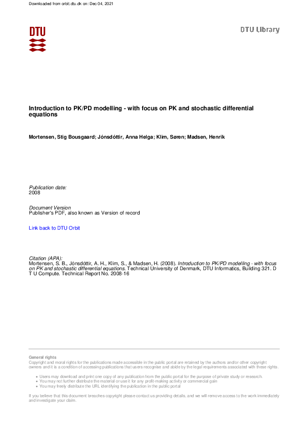 (PDF) Introduction to PK/PD modelling-with focus on PK and stochastic ...