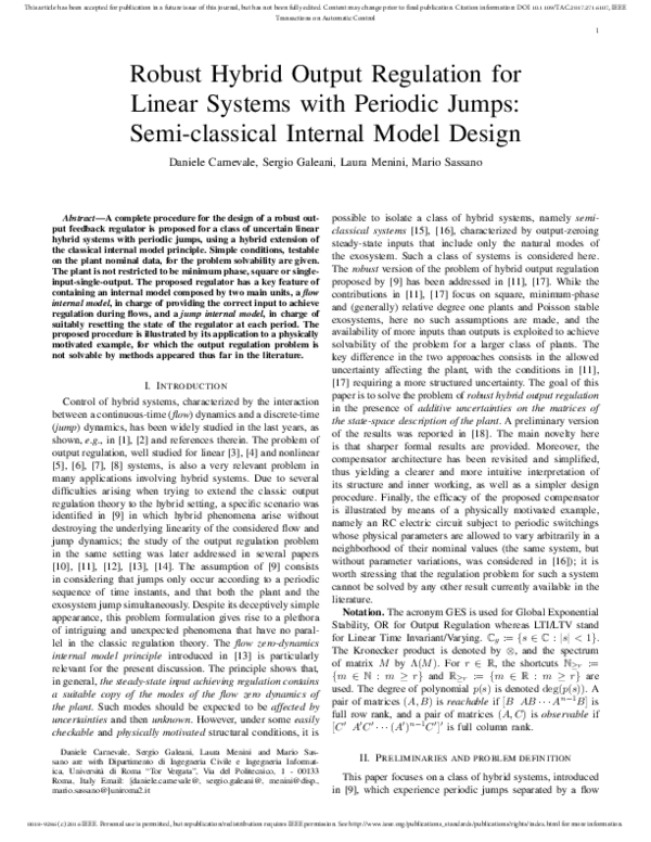 (PDF) Robust Hybrid Output Regulation for Linear Systems with Periodic ...