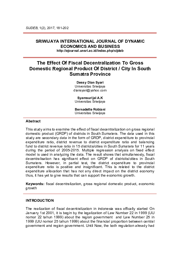 (PDF) The Effect Of Fiscal Decentralization To Gross Domestic Regional ...