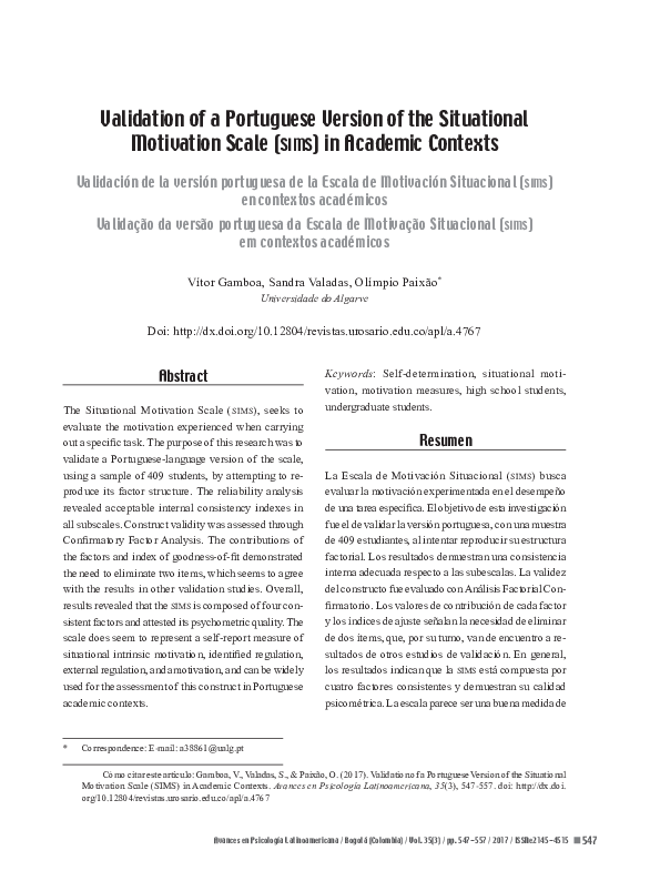 (PDF) Validation of a Portuguese version of the Situational Motivation ...