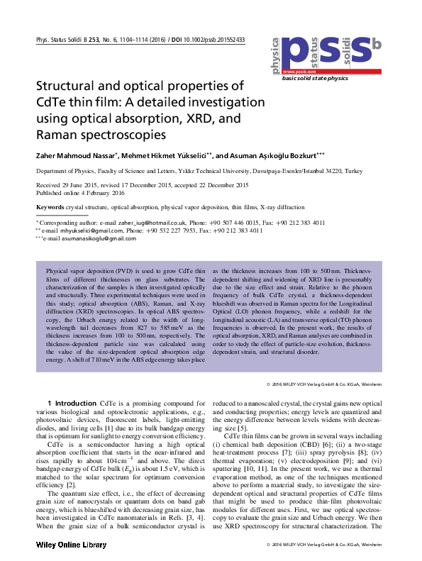 (PDF) Structural and optical properties of CdTe thin film: A detailed ...