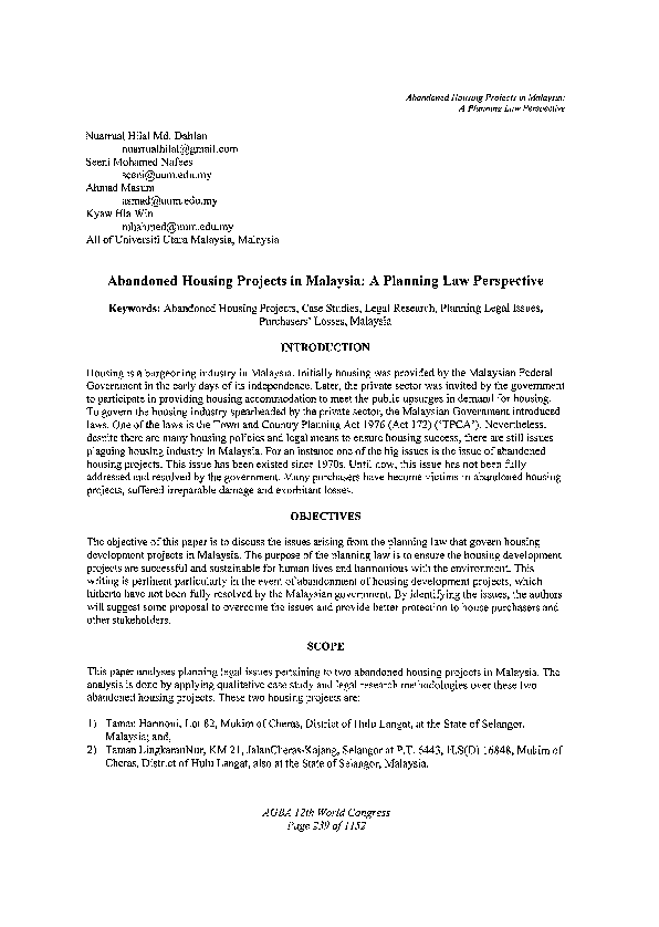 (PDF) Abandoned housing projects in Malaysia: A planning law perspective