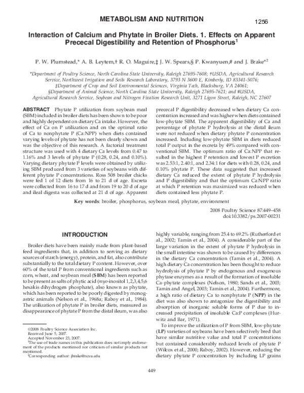 (PDF) Interaction of Calcium and Phytate in Broiler Diets. 1. Effects ...