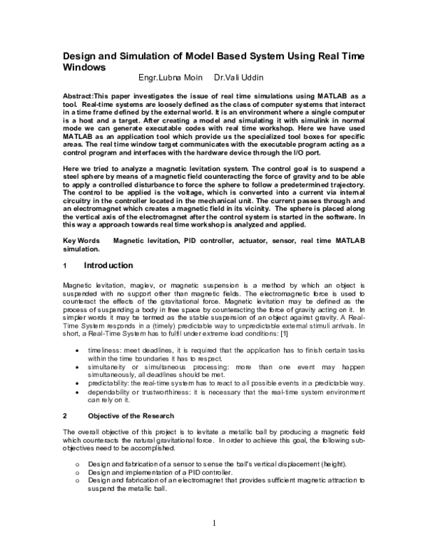 (PDF) 1 Design and Simulation of Model Based System Using Real Time Windows