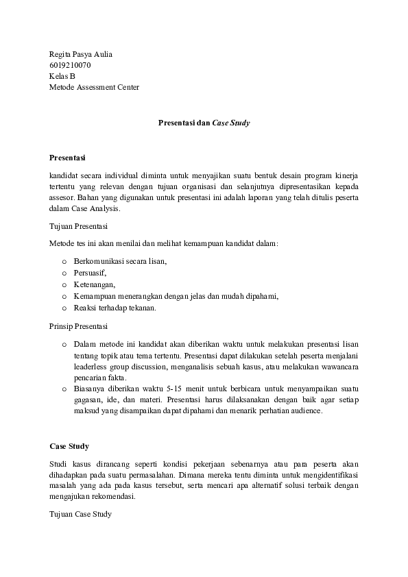 (DOC) Presentasi dan Case Study dalam Assessment Center │Regita Pasya A