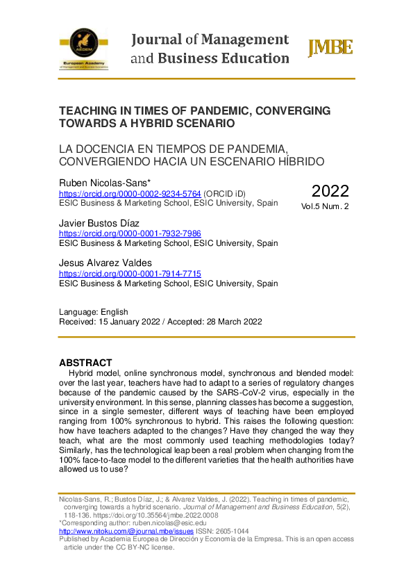 (PDF) Teaching in Times of Pandemic, Converging Towards a Hybrid Scenario