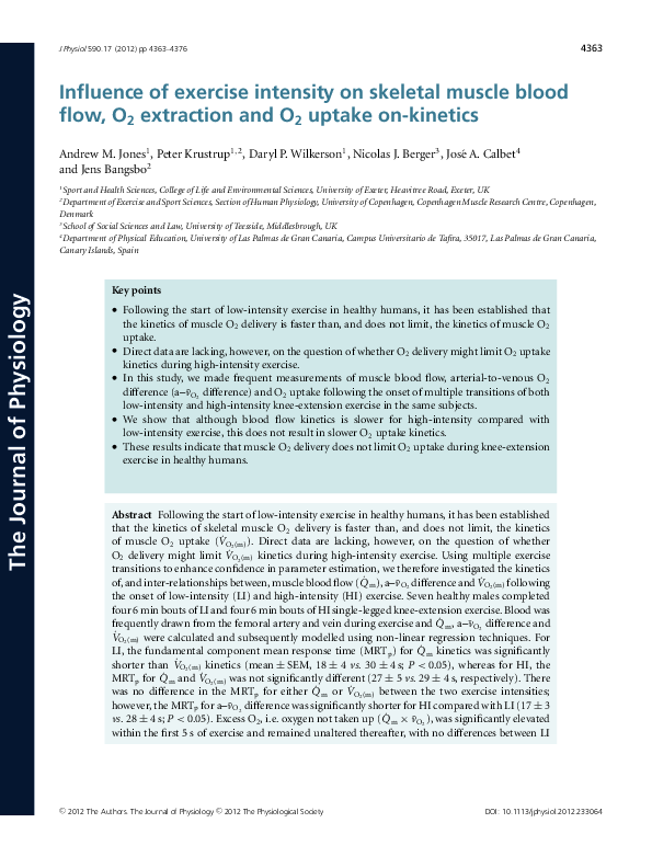 (PDF) Influence of exercise intensity on skeletal muscle blood flow, O2 ...